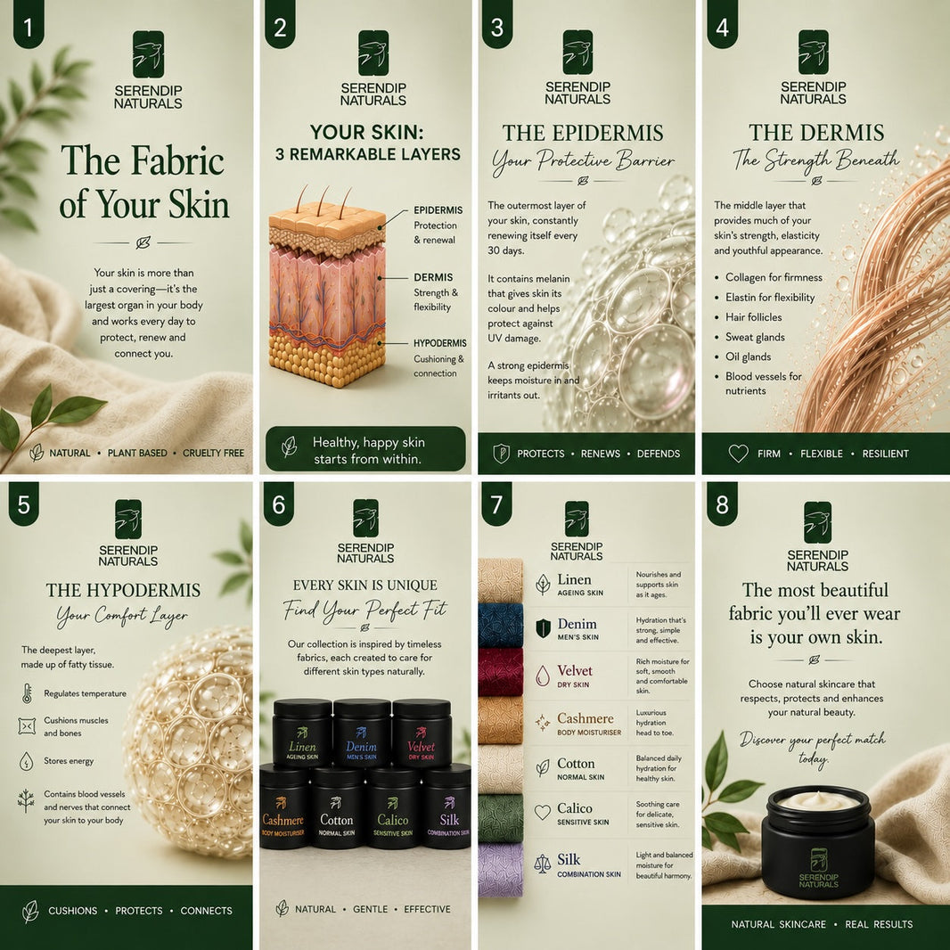 Diagram showing and explaining the three layers of skin — the epidermis, dermis and hypodermis matching them to natural woven fabrics, representing the Serendip Naturals skincare philosophy.