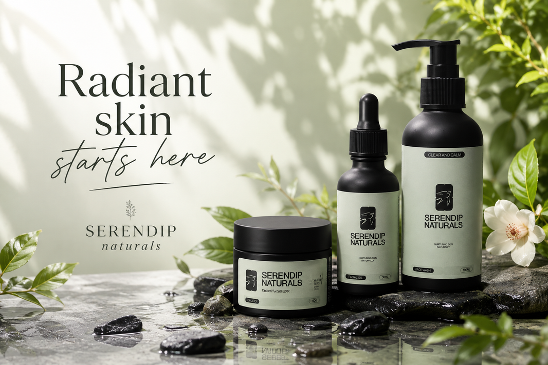 Serendip Naturals skincare range — moisturiser, facial oil, and face wash arranged on wet stones with botanical foliage, with the text Radiant skin starts here