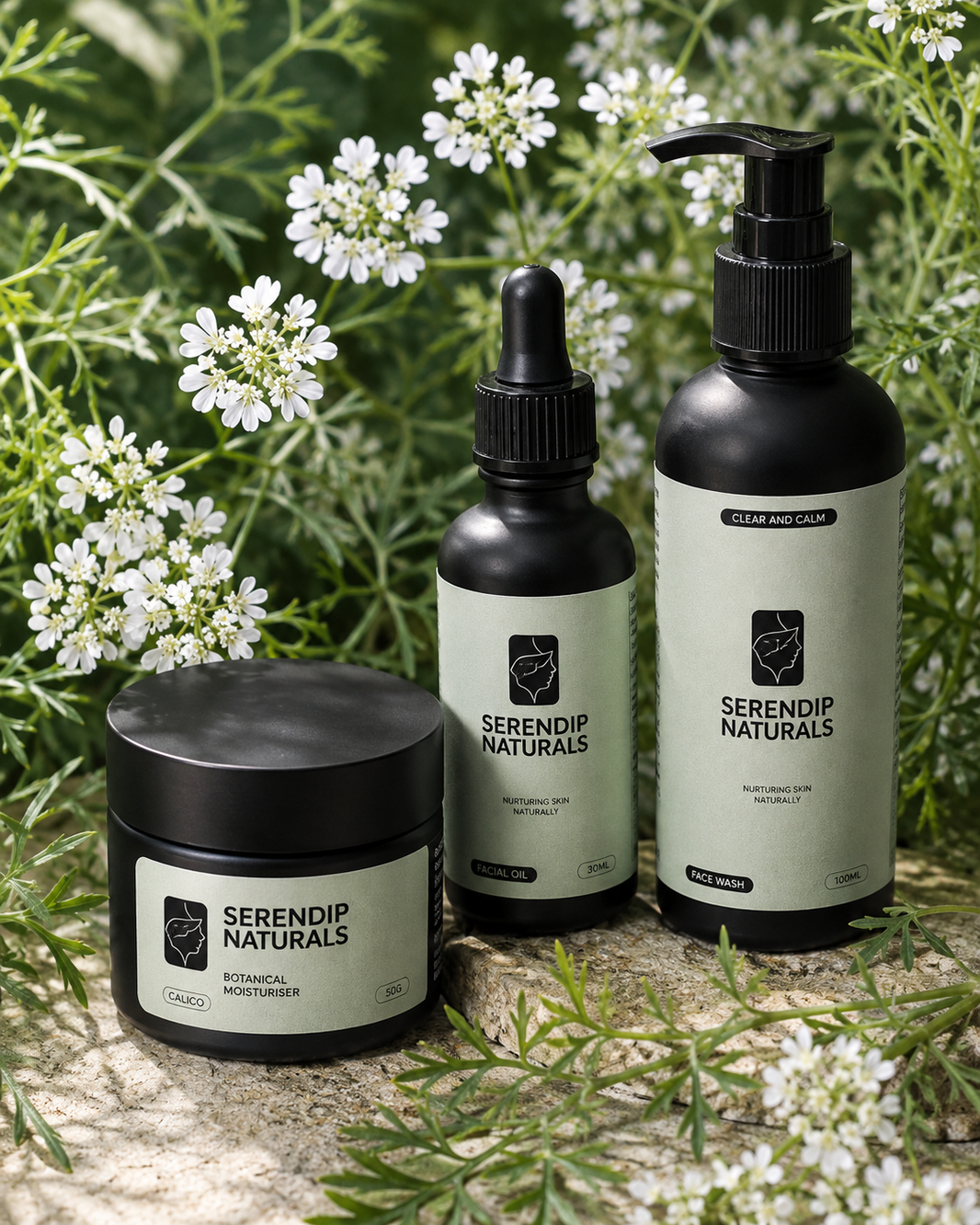 Serendip Naturals Botanical Moisturiser, Facial Oil, and Clear and Calm Face Wash arranged on a stone surface surrounded by white wildflowers and lush green foliage